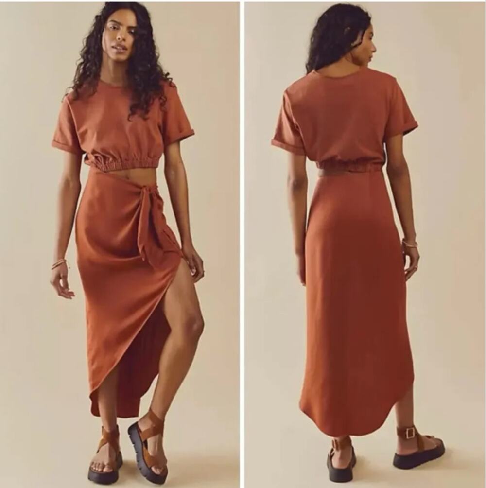 Free People Rae Maxi Dress Rust Cutout Wrap Tie Waist Size L